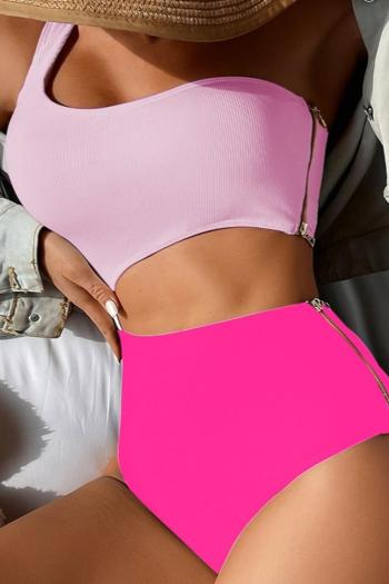sexy color-block padded one shoulder zip-up side hollow one-piece swimsuit