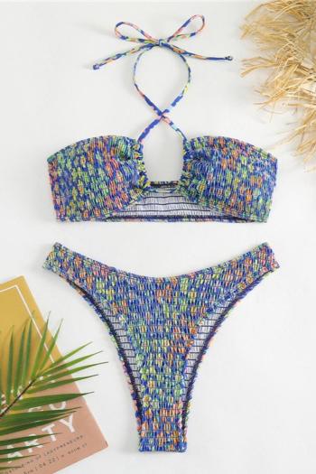 sexy floral printing padded halter-neck smocked bikini set