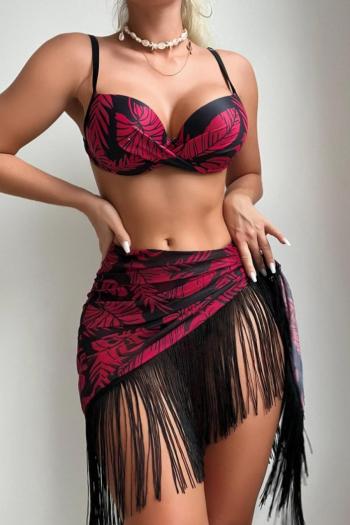 sexy 3 colors leaf printing padded underwire tassel skirt three-piece swimsuit