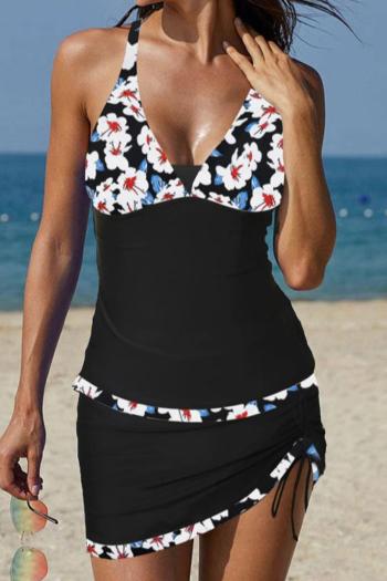 stylish plus size floral printing padded with lined mini skirt tankini set