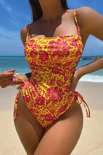 sexy floral allover printing padded drawstring one-piece swimsuit