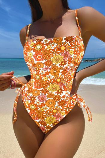 sexy flower allover printing padded drawstring one-piece swimsuit