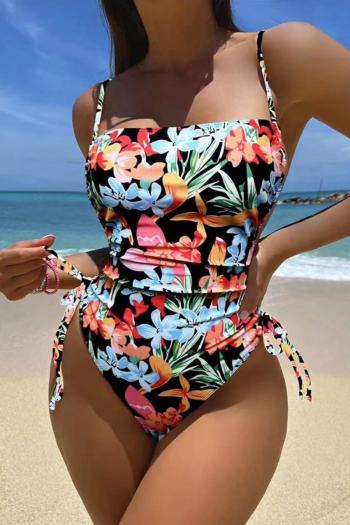 sexy flower printing padded drawstring one-piece swimsuit