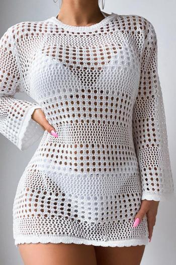 sexy 3 colors hollow out knitted long sleeve mini dress cover-up(only cover-up)