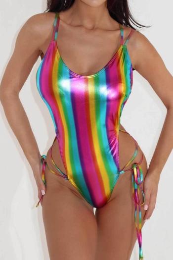 sexy colorful stripe tie dye padded backless lace-up one-piece swimsuit