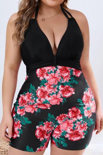 sexy plus size floral printing padded halter-neck lace-up one-piece swimsuit