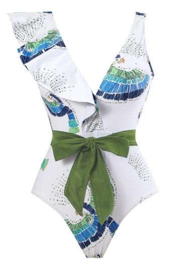 sexy graphic printing padded ruffle with belt one-piece swimsuit