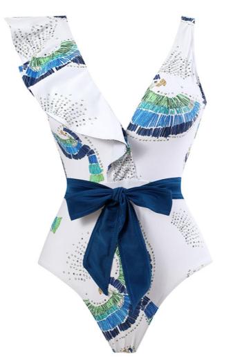 sexy digital printing padded ruffle with belt one-piece swimsuit