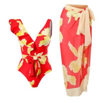 sexy leaf printing padded ruffle with belt one-piece swimsuit & one size skirt
