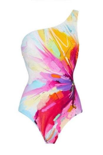 sexy graphic printing padded one shoulder one-piece swimwear