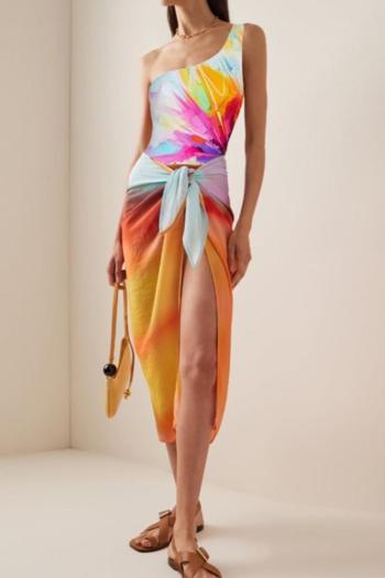 sexy graphic printing padded one shoulder one-piece swimwear & skirt