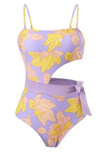 sexy leaf printing padded hollow out one-piece swimsuit