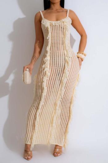 sexy hollow out knitted backless sling tassel beach cover-up maxi dress