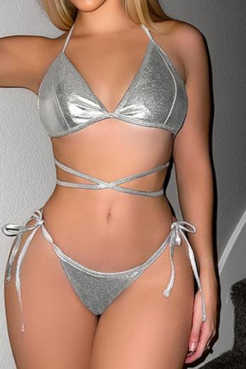 xs-l sexy silver holographic padded halter-neck triangle bikini set