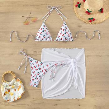 xs-l sexy cherry printing padded halter-neck mesh skirt three-piece swimsuit