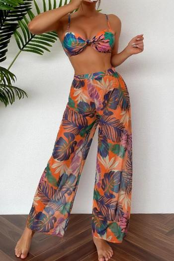 sexy orange leaf printing padded beach pants three-piece swimsuit