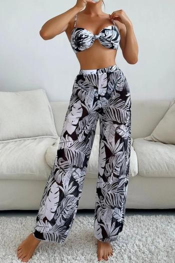 sexy leaf printing padded knotted beach pants three-piece swimsuit