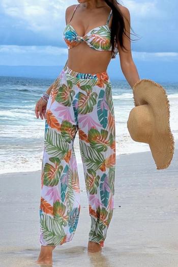 sexy multicolor leaf printing padded knotted beach pants three-piece swimsuit
