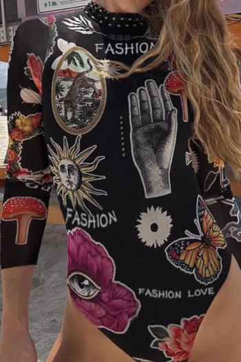 sexy letter graphic printing padded long sleeve surfing one-piece swimsuit