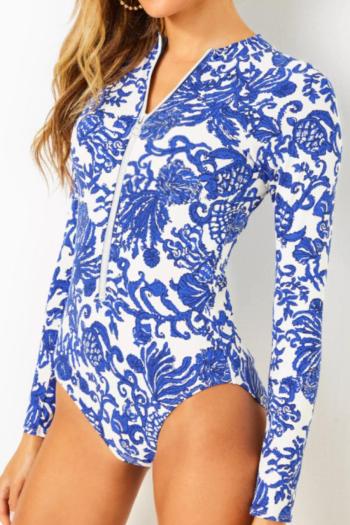 sexy allover graphic printing padded long sleeve surfing one-piece swimsuit