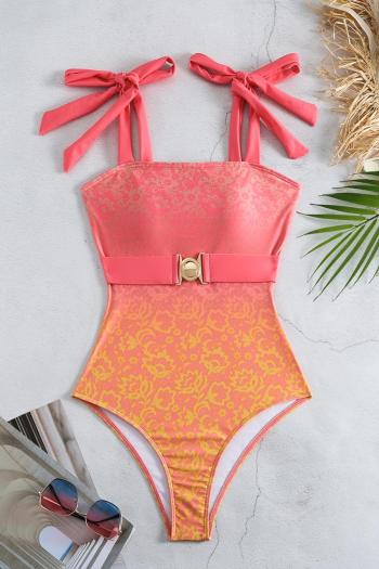 sexy gradient color floral printing padded tie-shoulder one-piece swimsuit