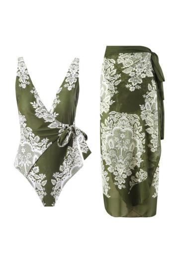 sexy padded graphic batch printing one-piece swimsuit & one size skirt