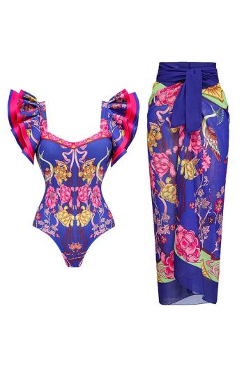sexy padded batch printing ruffled sleeve one-piece swimsuit & one size skirt