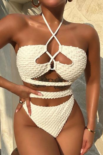 sexy 3 colors textured padded halter-neck hollow lace-up tankini set