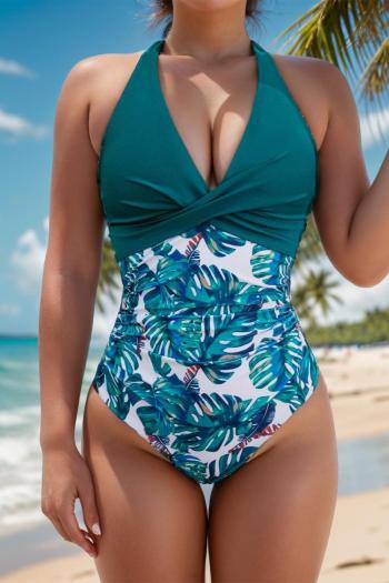 sexy leaf printing padded halter-neck lace-up one-piece swimsuit