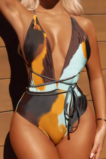 sexy tie dye padded deep v lace-up one-piece swimsuit
