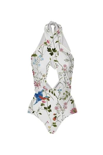 sexy floral and bird printing padded halter-neck lace-up one-piece swimwear