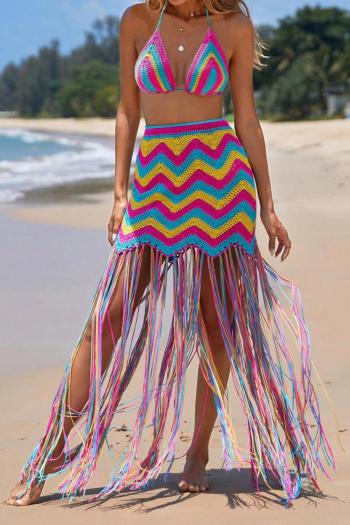 sexy non-stretch contrast hand-crocheted wavy tassel beach skirt set