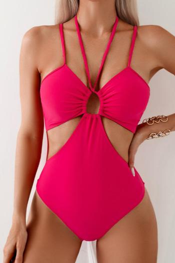 sexy pure color padded hollow out halter-neck lace-up one-piece swimsuit