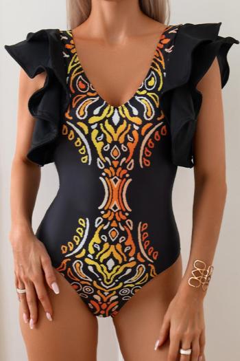 matching swimwear sexy graphic printing padded ruffle one-piece swimsuit