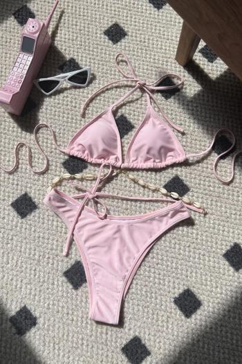 sexy 5 colors shell chain decor padded halter-neck self-tie triangle bikini set