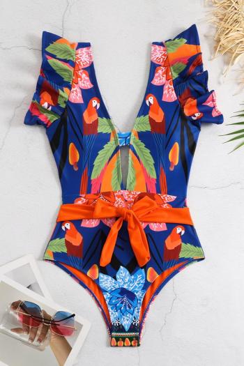 sexy bird and leaf printing padded deep v ruffle one-piece swimsuit