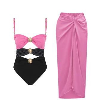 sexy color-block padded hollow out one-piece swimsuit & wrap skirt