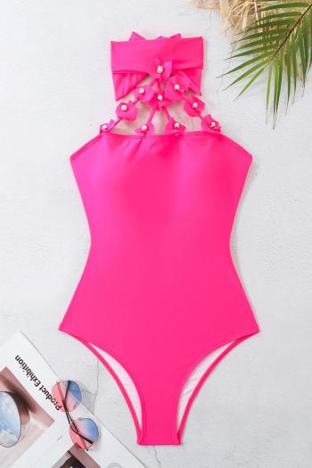 sexy solid color padded pearl decor halter-neck one-piece swimsuit