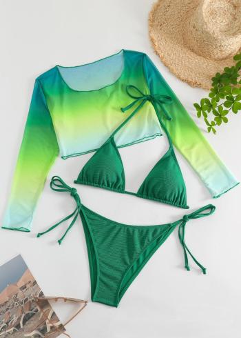 sexy padded halter-neck gradient color cover-up three-piece swimsuit