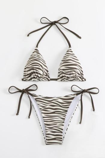 sexy brown zebra stripe printing padded halter-neck self-tie triangle bikini set