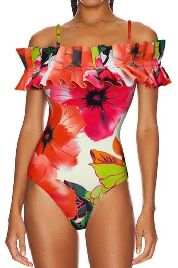 sexy floral graphic printing padded ruffle one-piece swimsuit