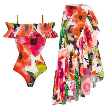 sexy floral graphic printing padded ruffle one-piece swimsuit & chiffon skirt