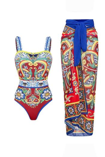 sexy plus size graphic printing padded one-piece swimsuit & chiffon skirt