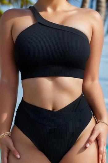 sexy pure color padded high waist one shoulder tankini set
