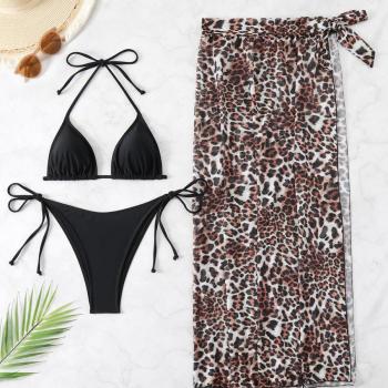 sexy padded halter-neck leopard mesh wrap skirt triangle three-piece swimsuit