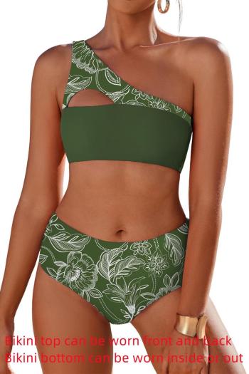 sexy leaf printing padded one shoulder hollow out tankini set