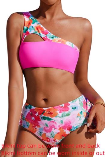 sexy flower printing padded one shoulder hollow out tankini set