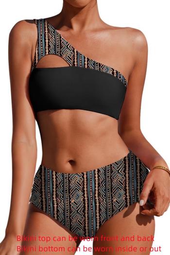 sexy graphic printing padded one shoulder hollow out tankini set