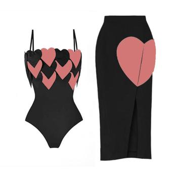 sexy color-block heart padded backless sling one-piece swimsuit & skirt