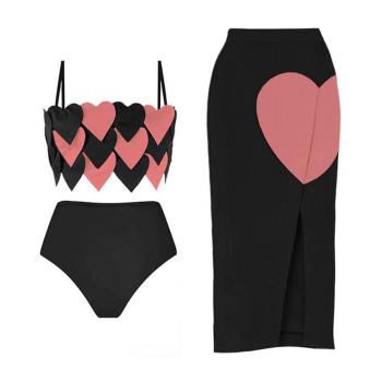 sexy color-block heart padded high waist sling three-piece swimsuit